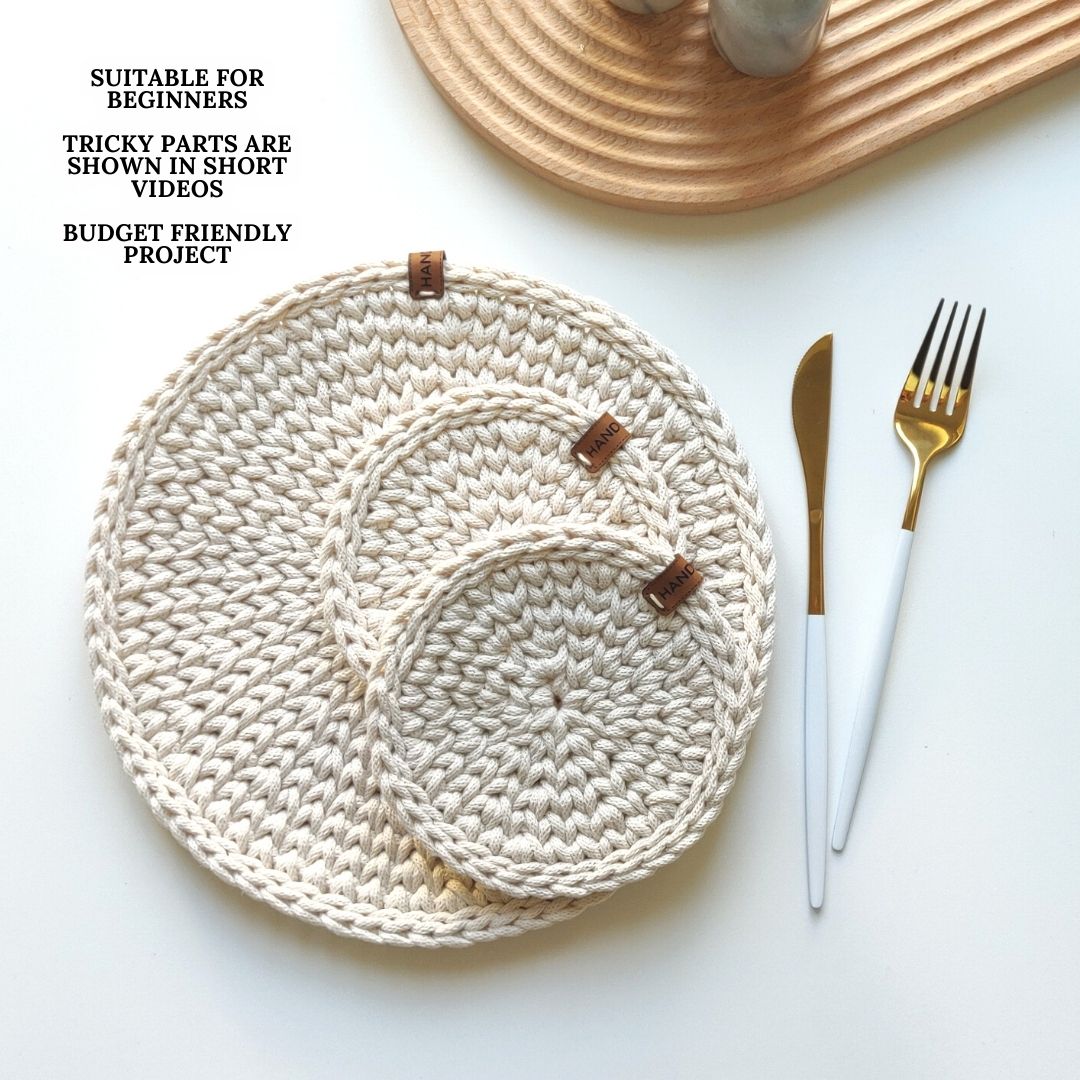 Crochet Placemat and Coaster - Written Pattern in ENGLISH with Video Tutorial