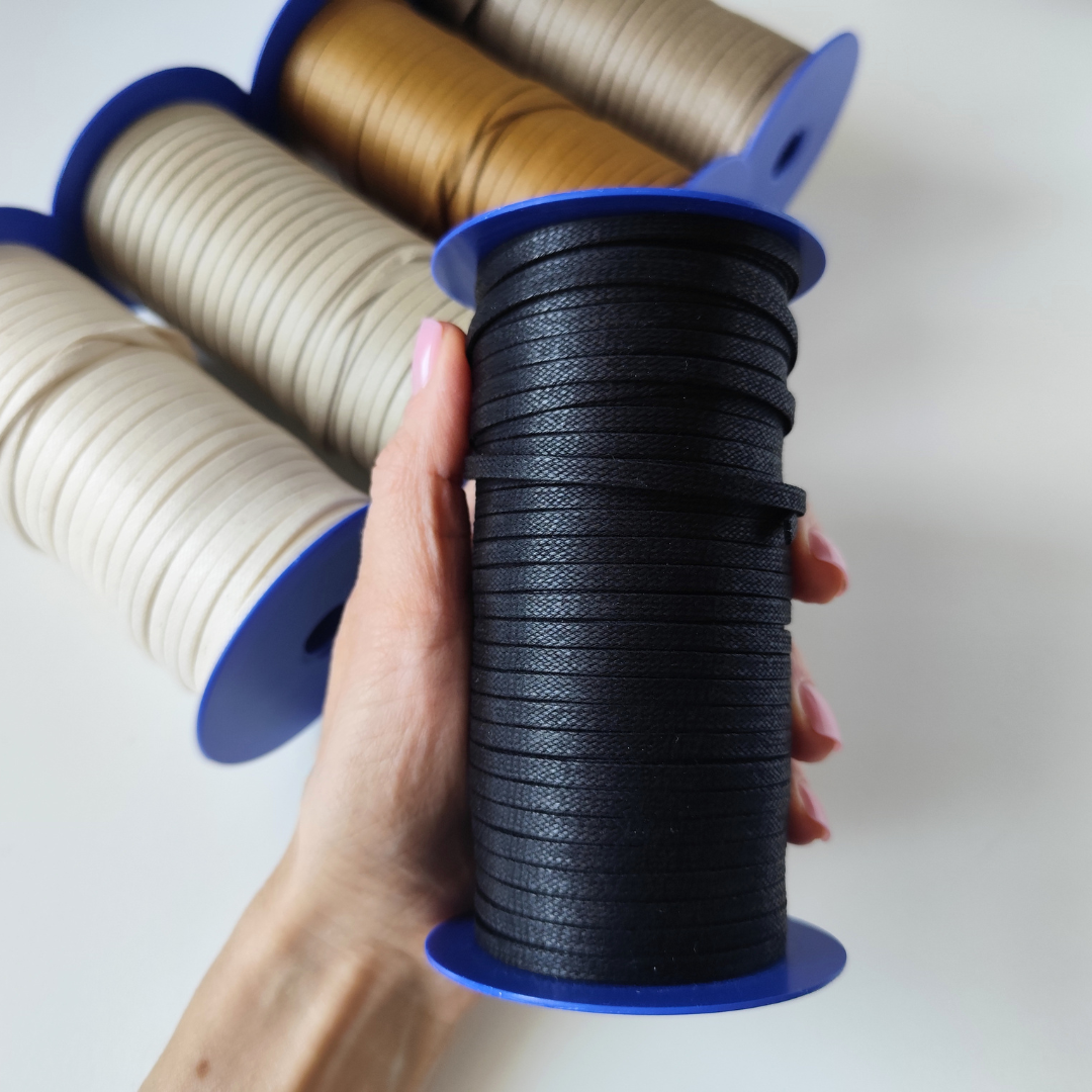 Black flat waxed cotton cord 4mm - macrame bag cord OEKO-TEX certified by Macrame Spaghetti