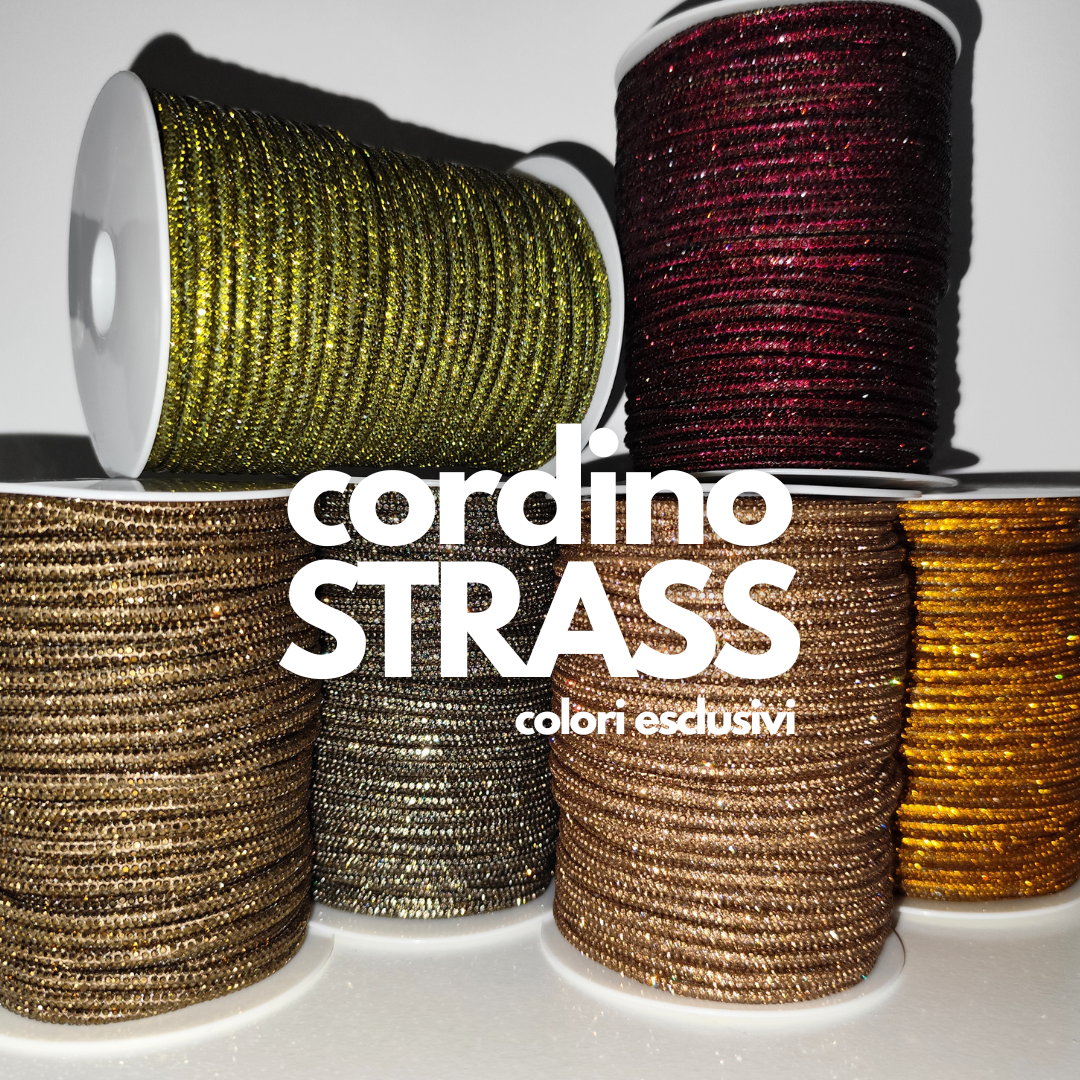 Macrame Spaghetti cordino strass colori bordeaux cachi terracotta bronzo chiaro topaz