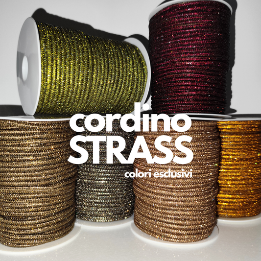Macrame Spaghetti cordino strass colori bordeaux cachi terracotta bronzo chiaro topaz