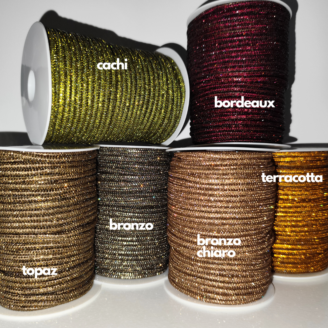 Macrame Spaghetti cordino strass colori bordeaux cachi terracotta bronzo chiaro e topaz