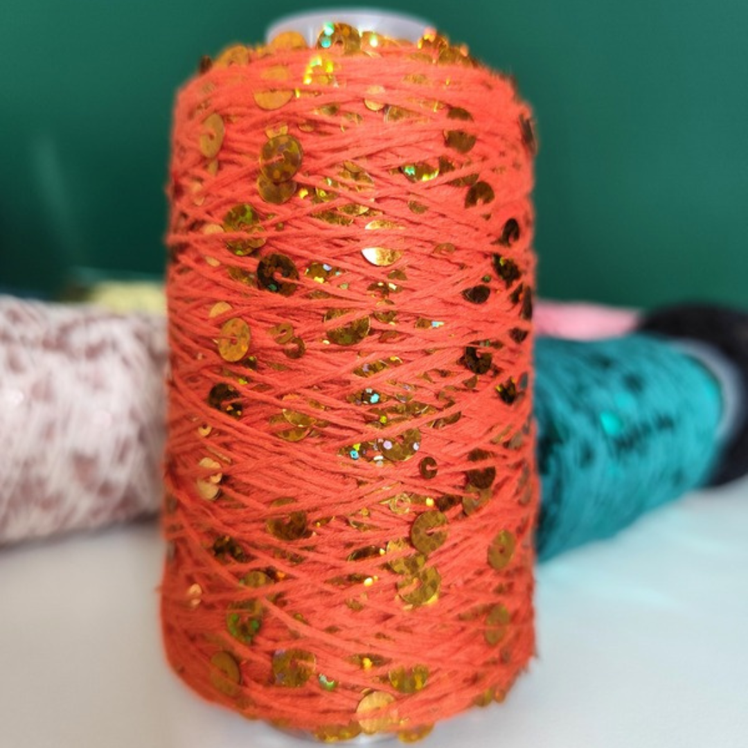 Macrame Spaghetti Filato Disco Diva con paillettes colore arancione per uncinetto
