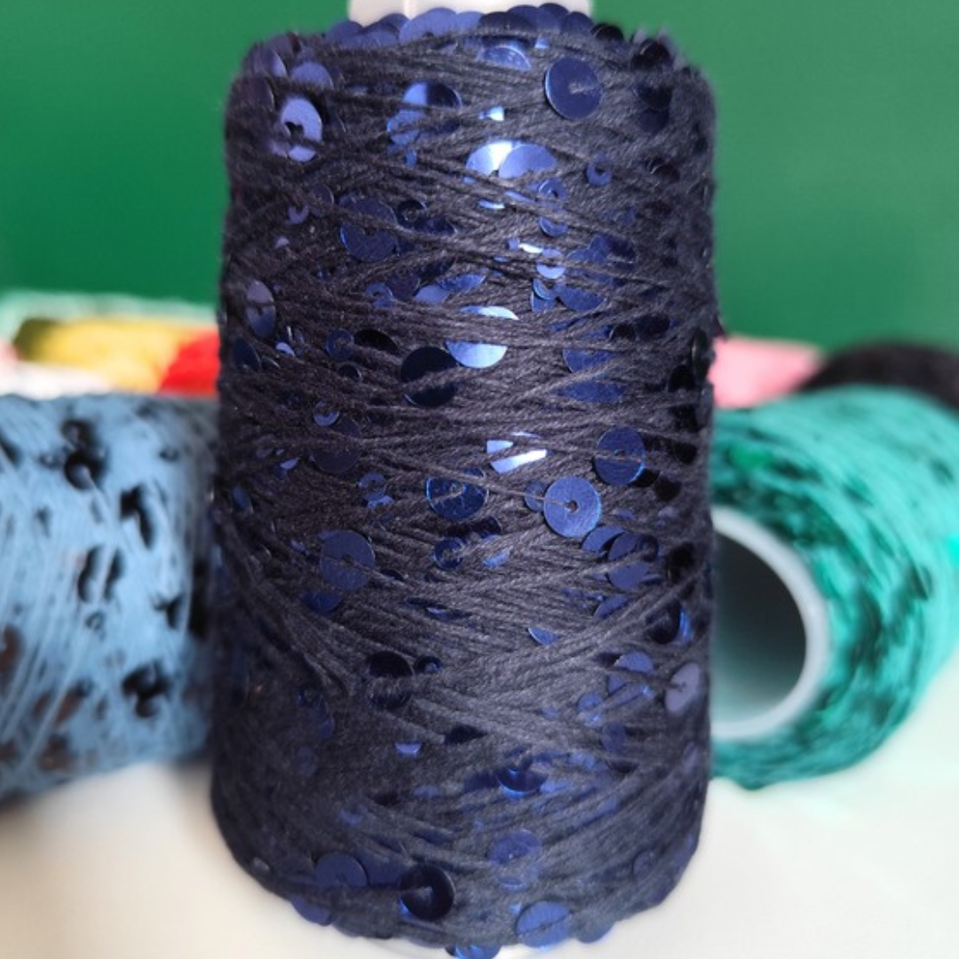 Macrame Spaghetti filato Disco Diva con paillettes colore blu scuro per uncinetto
