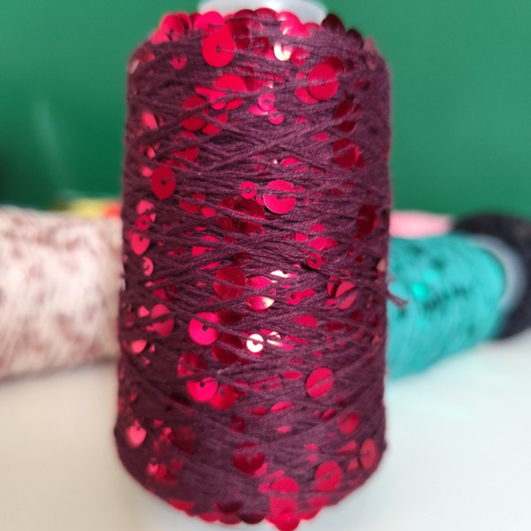 Filato Disco Diva con paillettes colore bordeaux per uncinetto di Macrame Spaghetti