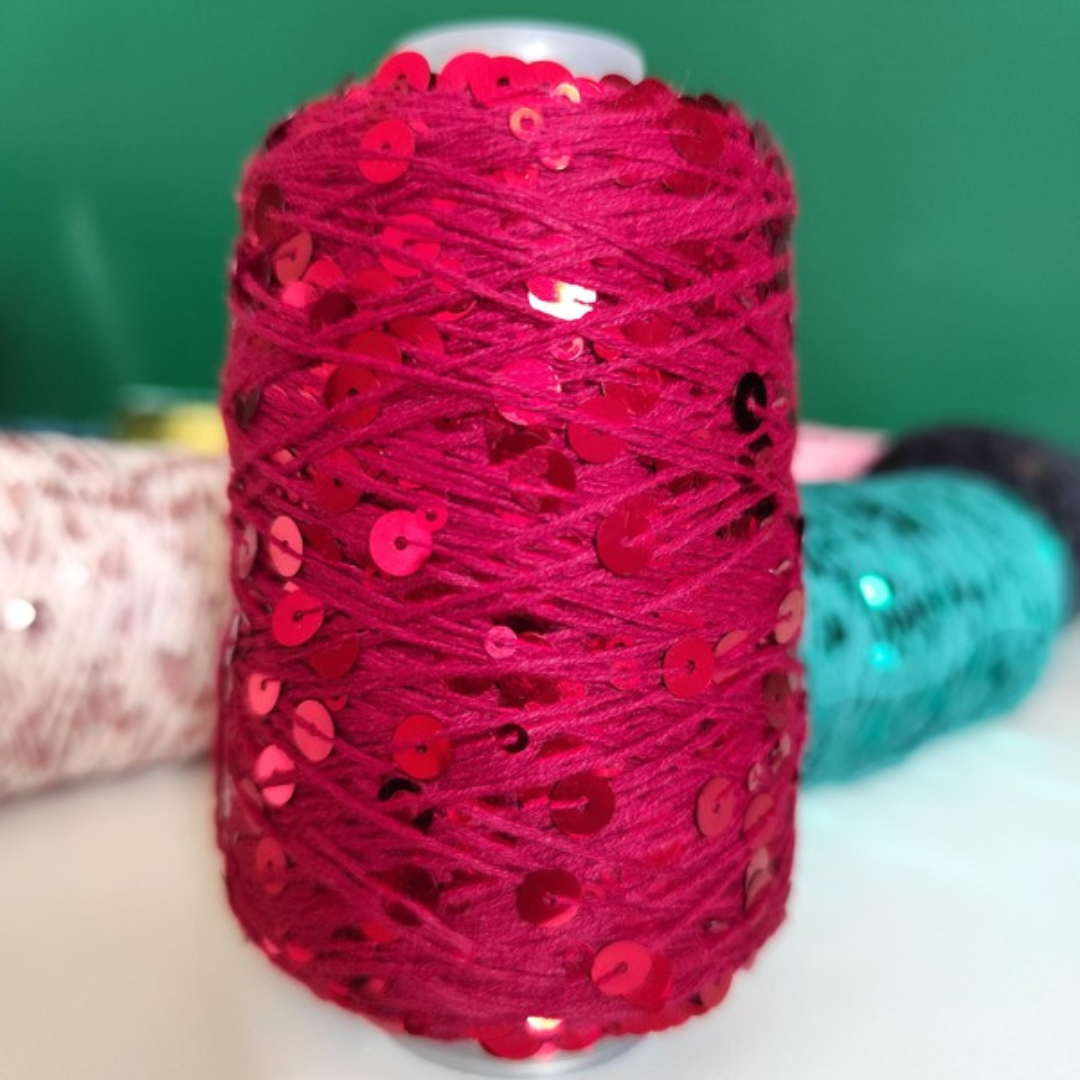 Filato Disco Diva con paillettes colore rosso per uncinetto di Macrame Spaghetti