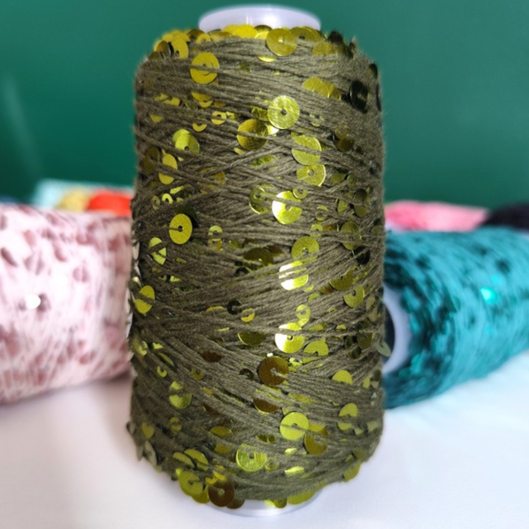 Macrame Spaghetti filato Disco Diva con paillettes colore oliva per uncinetto