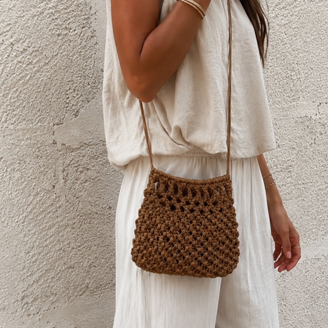 Macrame Spaghetti borsa realizzara con la corda cerata piatta 4 mm cuoio 
