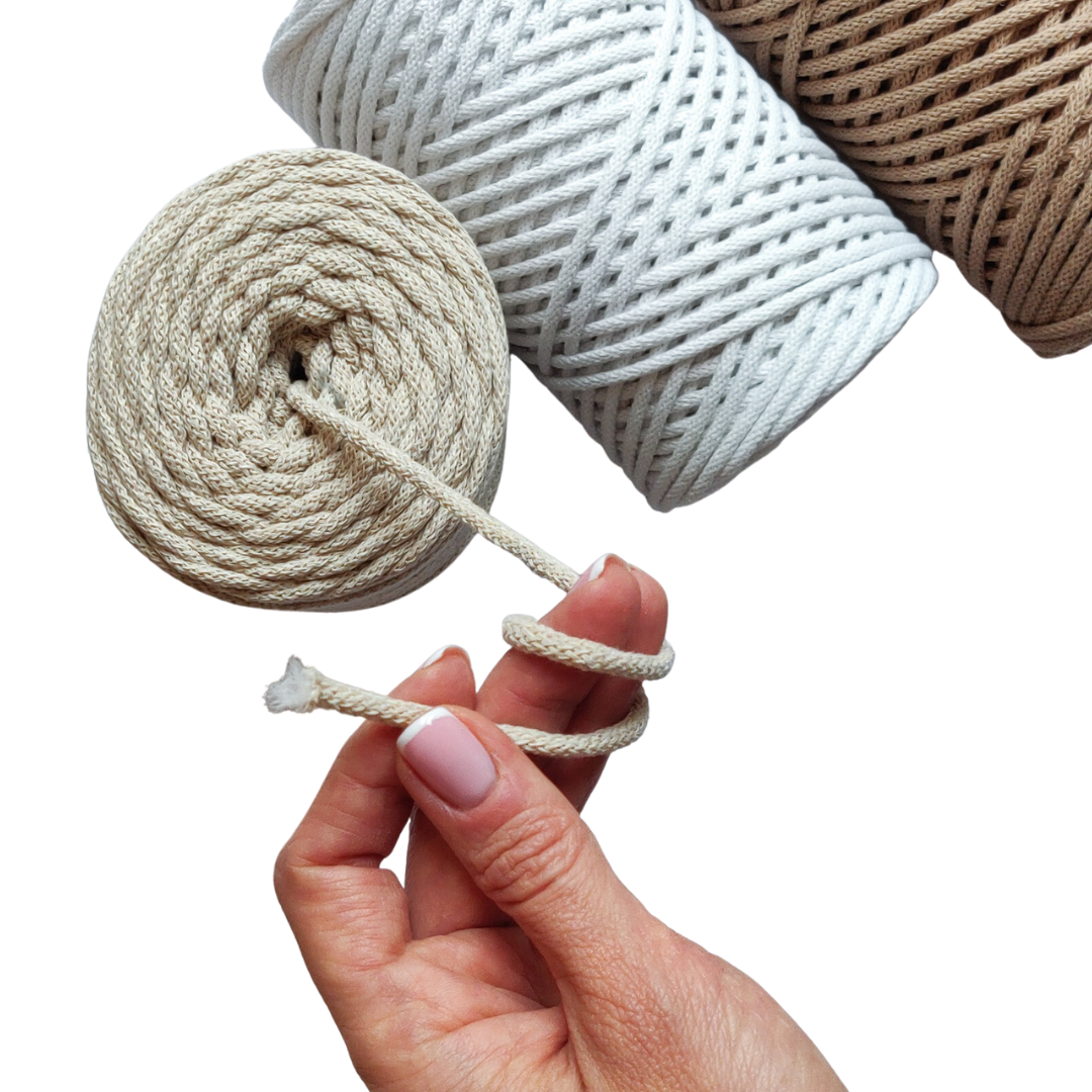 Macrame Spaghetti corda braided 4mm con anima color panna e bianco - per borse uncinetto e macrame