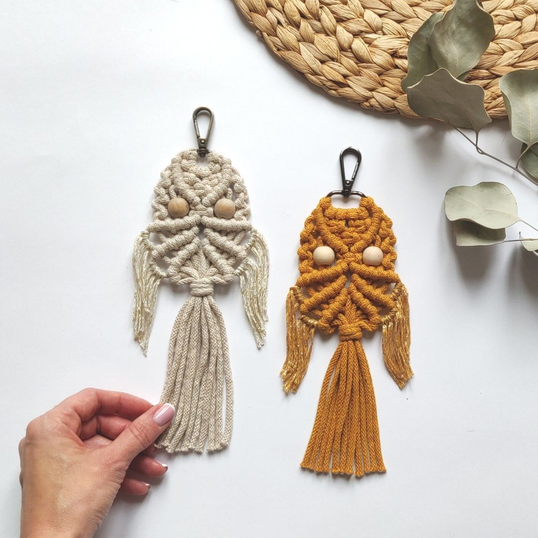 Macrame Spaghetti porta chiavi realizzato con corda braided 4 mm colore panna e senape